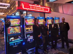 Time Square:  Left - Elana Weitz (Sales Executive, Novomatic South Africa)  2nd from left - Carlo Muller (Technical Manager, Time Square)  2nd from right - Ruben Gooranah (General Manager, Time Square)  Right - Johann De Lange (Gaming Floor Manager, Time Square)